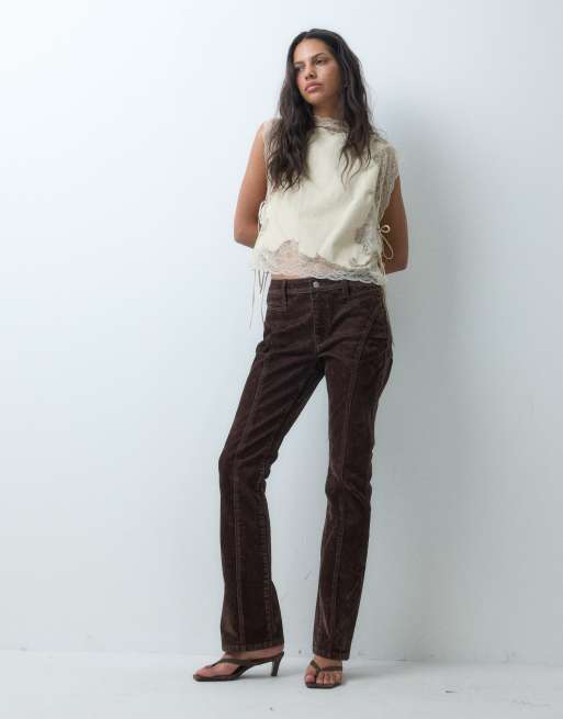 ASOS DESIGN flocked kick flare jean in chocolate, 5 of 5