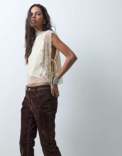 ASOS DESIGN flocked kick flare jeans in chocolate, 4 of 5