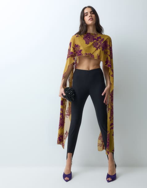 ASOS DESIGN flocked long line maxi cape in violet and ochre - view 1