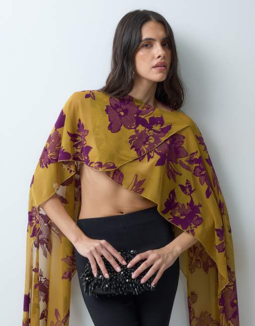 ASOS DESIGN flocked long line maxi cape in violet and ochre, 4 of 5