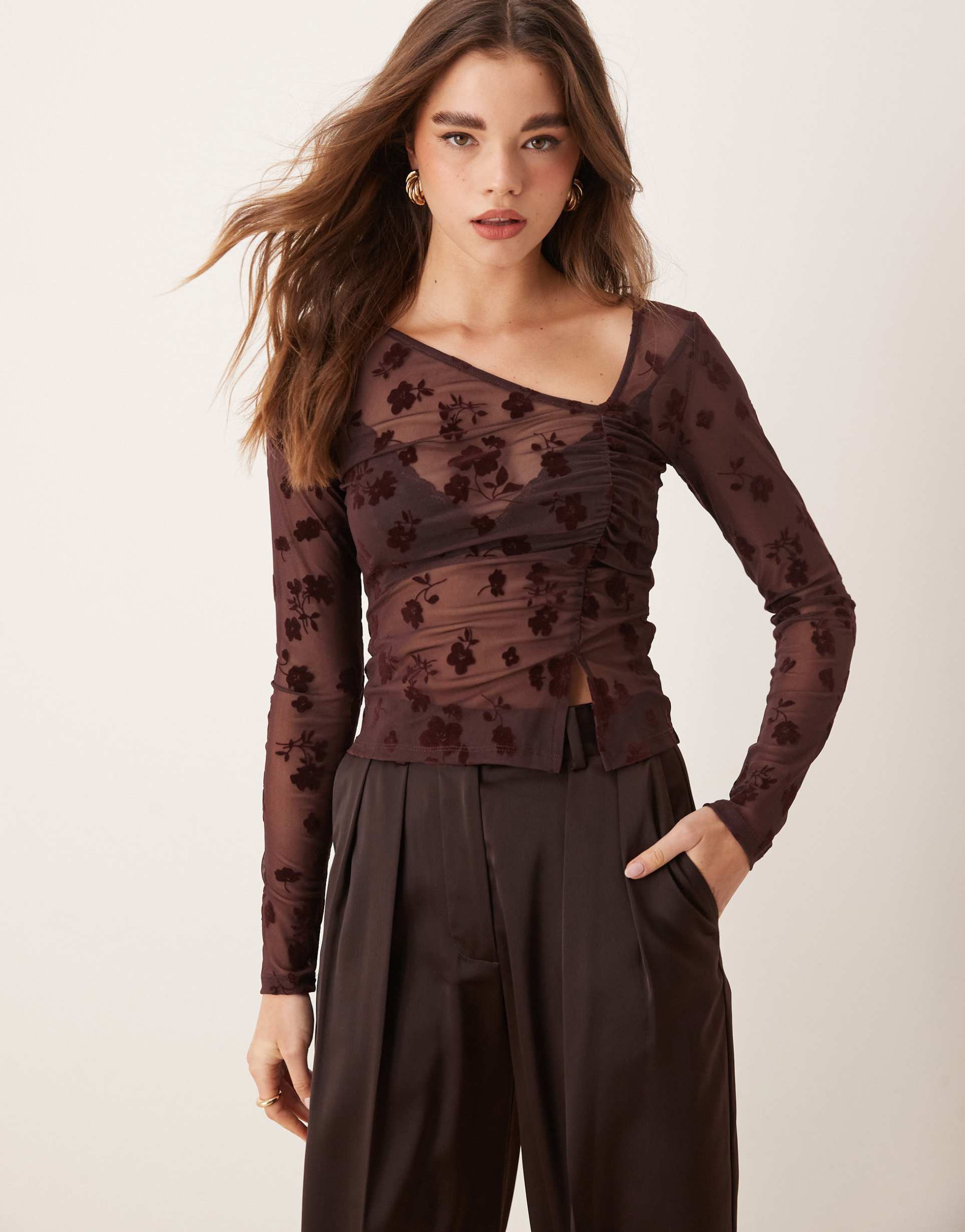 asos design flocked mesh asymmetric long sleeve ruched top in brown