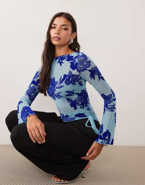 ASOS DESIGN flocked mesh drawstring detail top with flute sleeve in blue - view 1