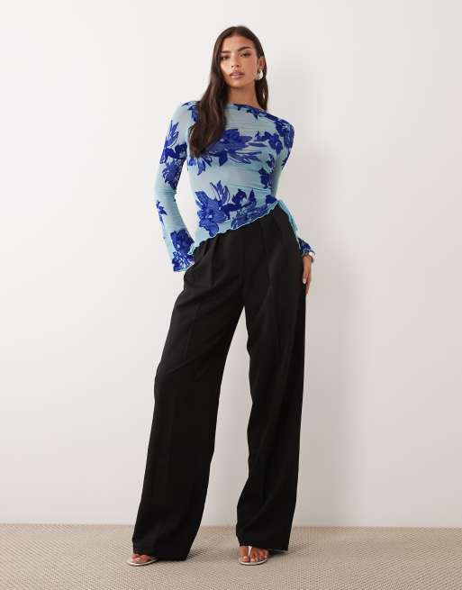 ASOS DESIGN flocked mesh drawstring detail top with flute sleeve in blue, 3 of 4
