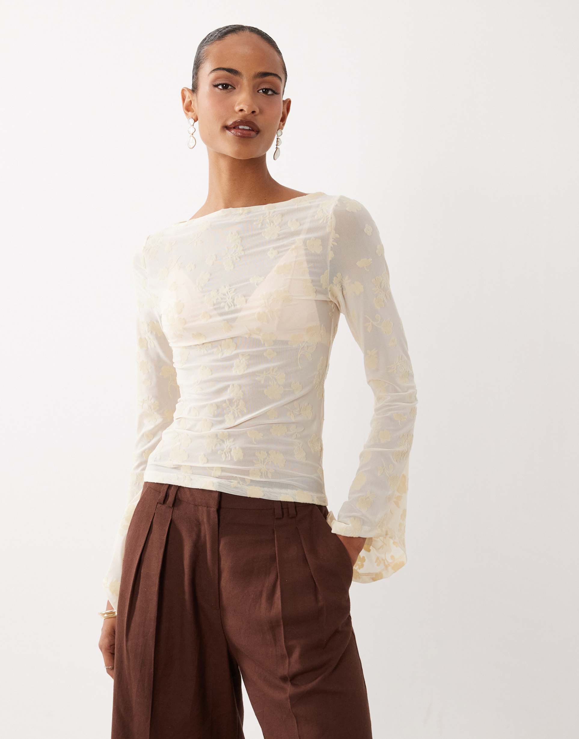 asos design flocked mesh floral fluted sleeves top in buttermilk