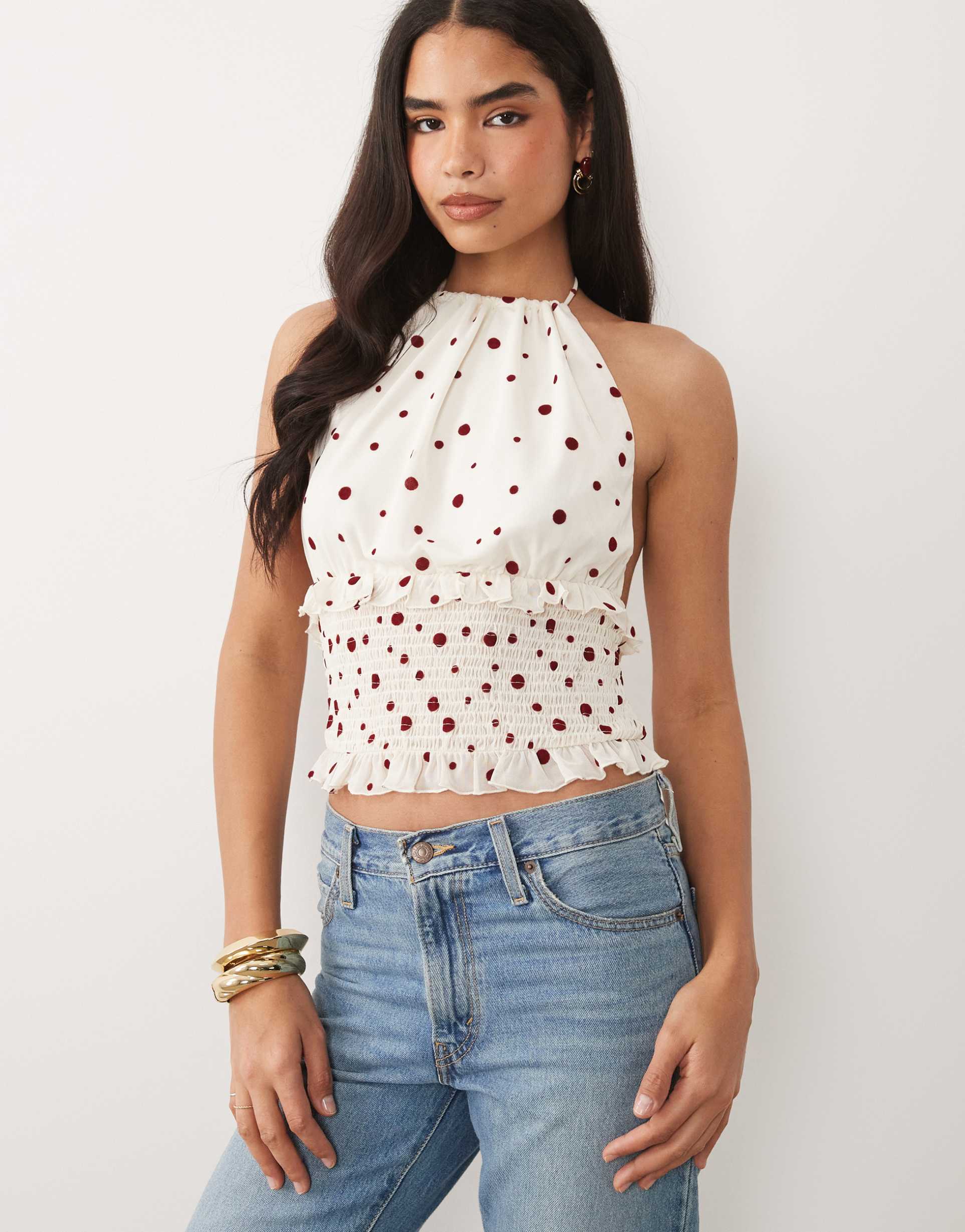 asos design flocked mesh halter top with shirring in red