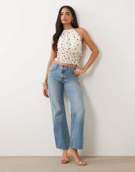 ASOS DESIGN flocked mesh halter top with shirring in red, 2 of 4
