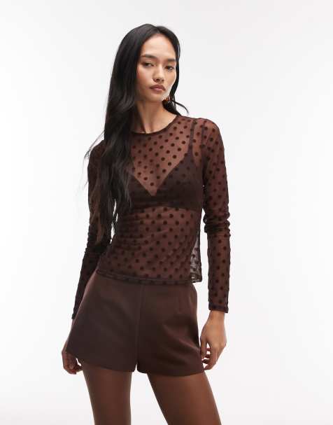 ASOS DESIGN flocked mesh long sleeve top in brown polka dots - view 1