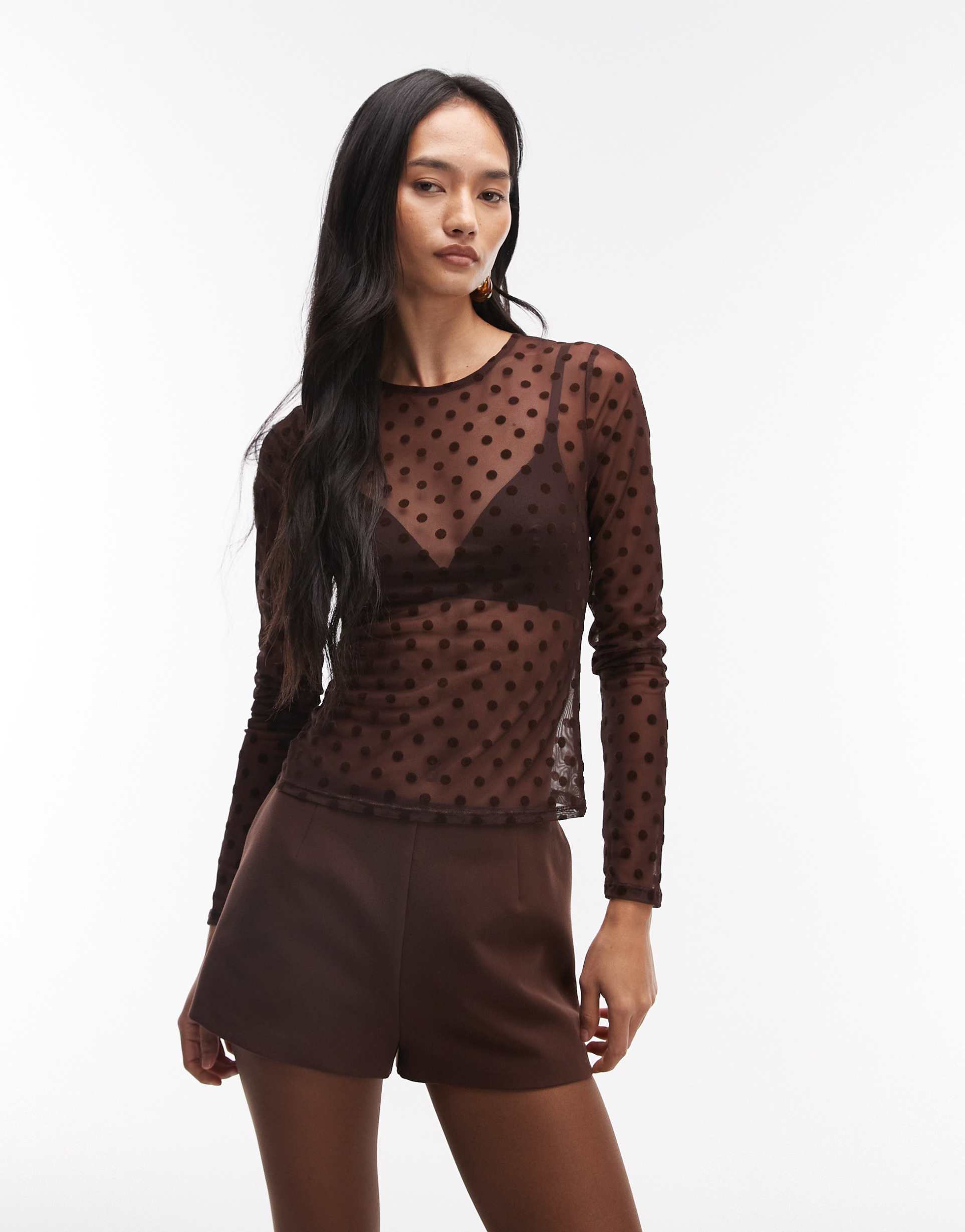 asos design flocked mesh long sleeve top in brown polka dots