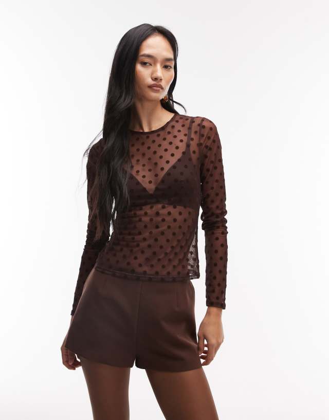 ASOS DESIGN flocked mesh long sleeve top in brown polka dots