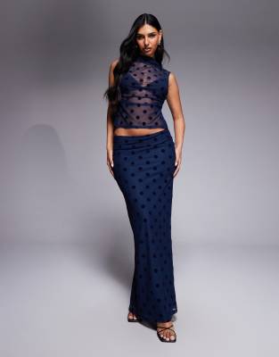 ASOS DESIGN flocked mesh low rise co ord maxi skirt in navy spot | ASOS