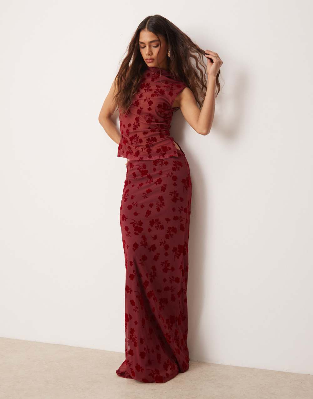 ASOS DESIGN flocked mesh low rise co ord maxi skirt in red