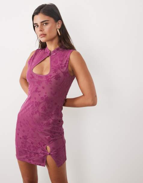 ASOS DESIGN flocked mesh mandarian detail mini dress in plum - view 1