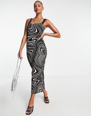 ASOS DESIGN flocked mesh maxi beach dress in black swirl