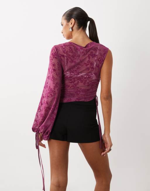 ASOS DESIGN flocked mesh one shoulder cape sleeve top in green floral, 4 of 4