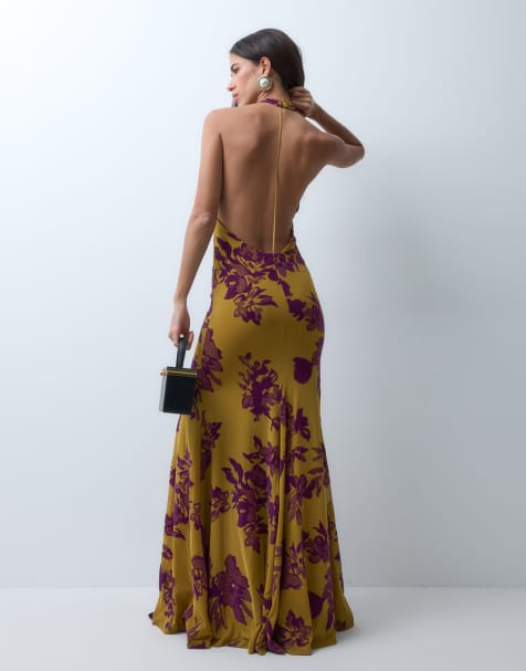 ASOS DESIGN flocked mesh open back maxi dress with split in brown and plum