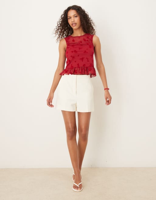 ASOS DESIGN flocked mesh ruched top with peplum hem in burgundy, 2 of 4