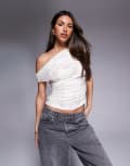 [ASOS DESIGN] ASOS DESIGN flocked mesh texture gathered short sleeve off shoulder mesh top in neutral S Neutral