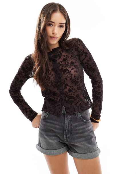 ASOS DESIGN flocked paisley shrunken cardigan in brown - view 1