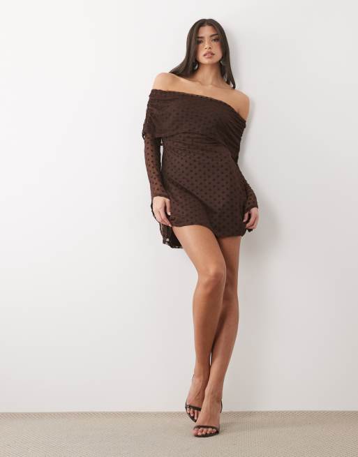 bardot brown polka dot dress ASOS DESIGN flocked polka dot mini bardot off shoulder dress with  exaggerated flute sleeve in brown