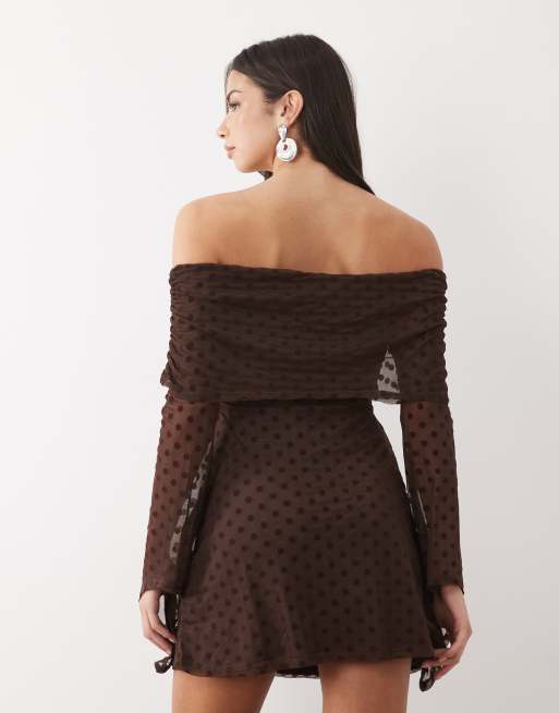ASOS DESIGN flocked polka dot mini bardot off shoulder dress with exaggerated flute sleeve in brown, 4 of 4