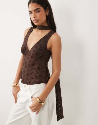 Asos Design Flocked Polka Dots Cami Top With Scarf Detail In Brown