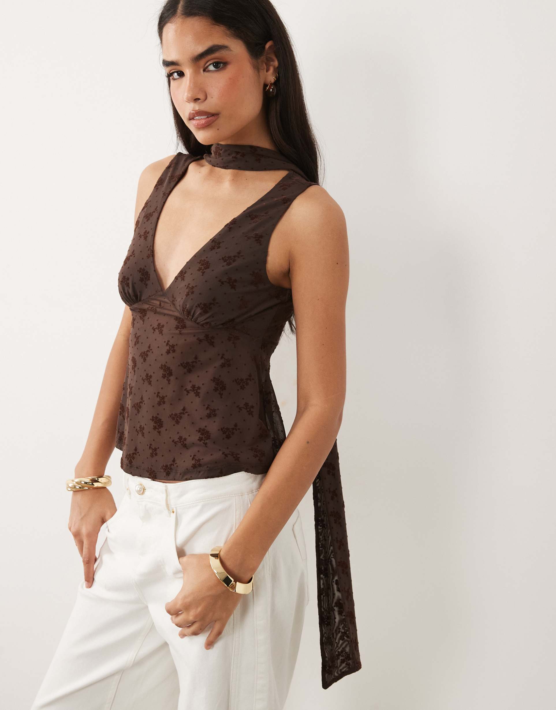 asos design flocked polka dots cami top with scarf detail in chocolate