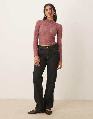 Asos Design Flocked Ruched High Neck Long Sleeve Top In Pink