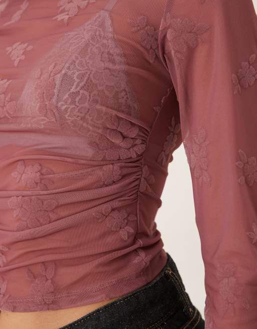 ASOS DESIGN flocked ruched high neck long sleeve top in pink, 3 of 4