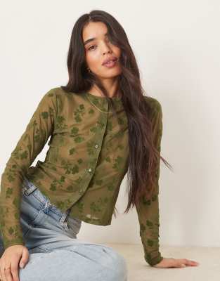 Asos Design Flocked Shrunken Cardigan In Olive-green