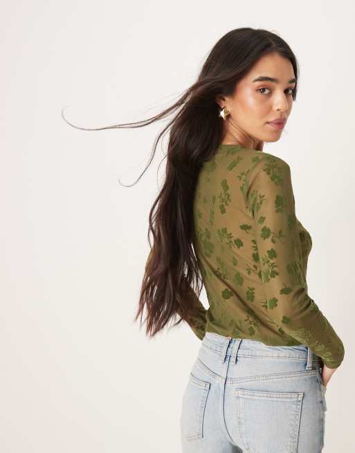 ASOS DESIGN flocked shrunken cardigan in olive