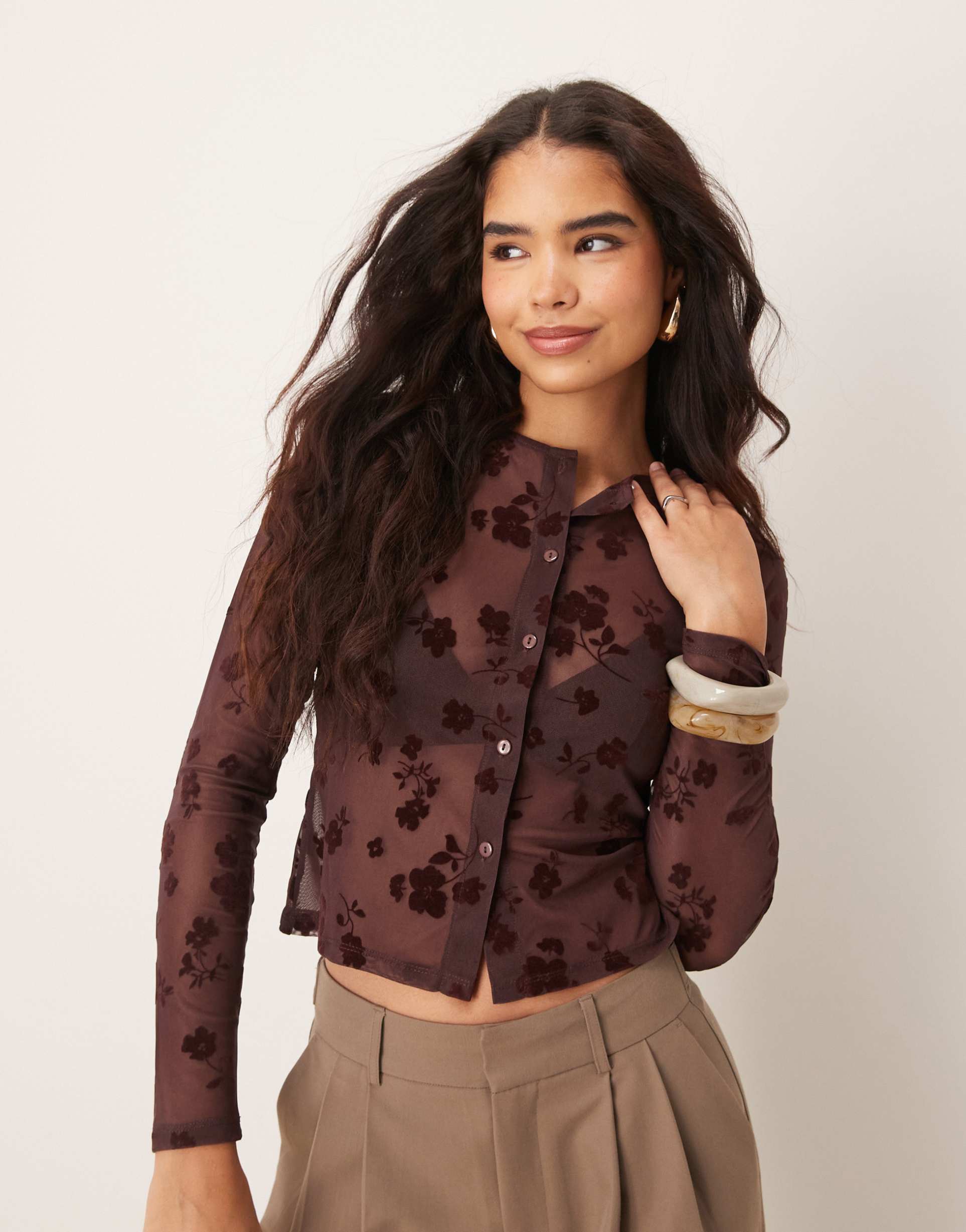 asos design flocked shrunken mesh cardigan in brown