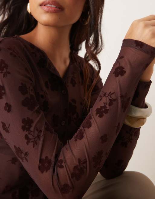 ASOS DESIGN flocked shrunken mesh cardigan in brown
