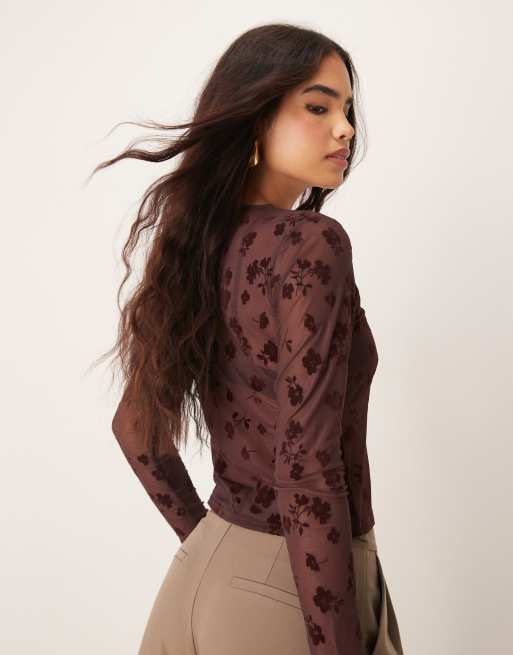 ASOS DESIGN flocked shrunken mesh cardigan in brown