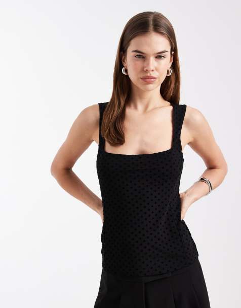 ASOS DESIGN flocked soft square cami top in black - view 1