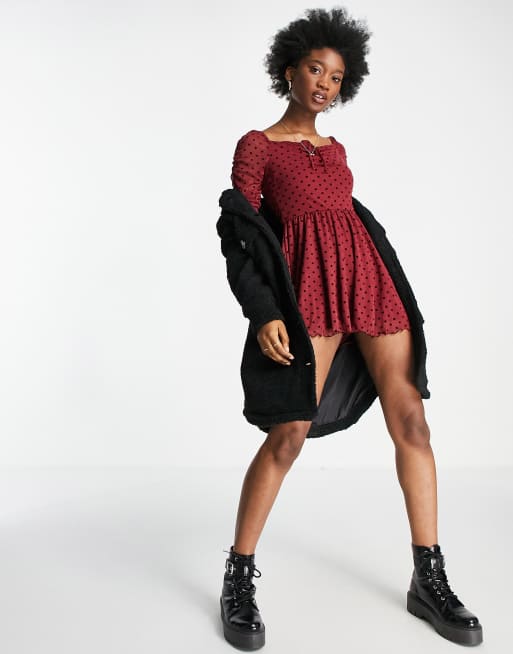 ASOS DESIGN flocked spot mesh ruched sleeve romper in burgundy