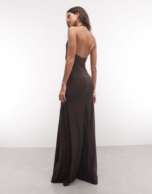 ASOS DESIGN floor length maxi dress with drop waist twist in chocolate, 4 of 4
