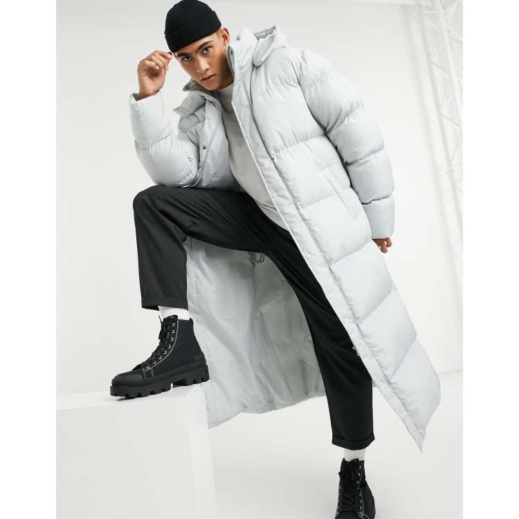 ASOS DESIGN floor length puffer jacket with detachable hood in gray