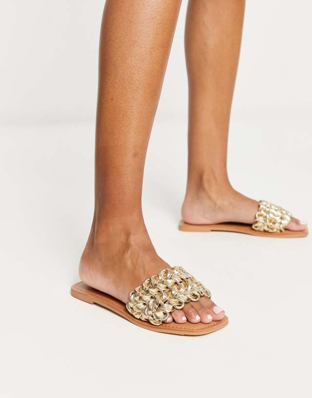 ASOS DESIGN Flora woven flat sandals in gold