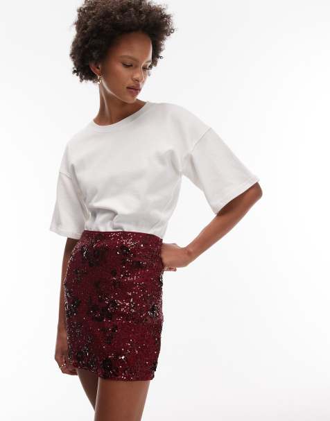 ASOS DESIGN floral all-over sequin mini skirt in burgundy - view 1