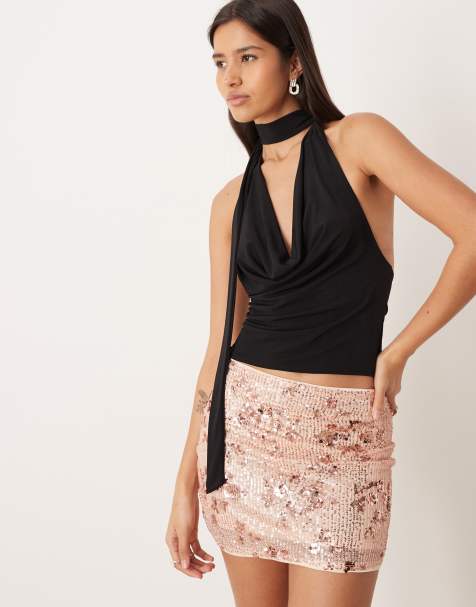 ASOS DESIGN floral allover sequin mini skirt in rose gold - view 1