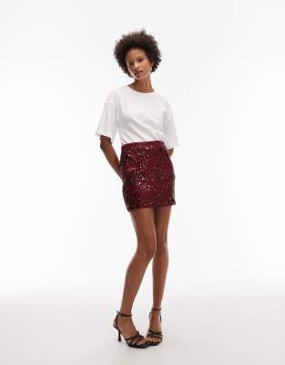 Asos Design Floral Allover Sequins Mini Skirt In Red