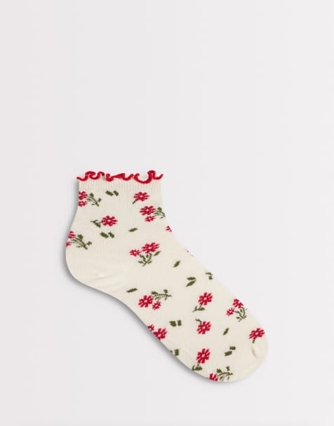ASOS DESIGN floral ankle socks with red trim - view 1