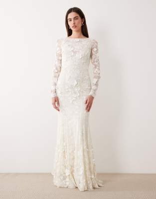 Asos Design Floral Applique Embroidered Lace Long Sleeve Open Back Maxi Wedding Dress In White