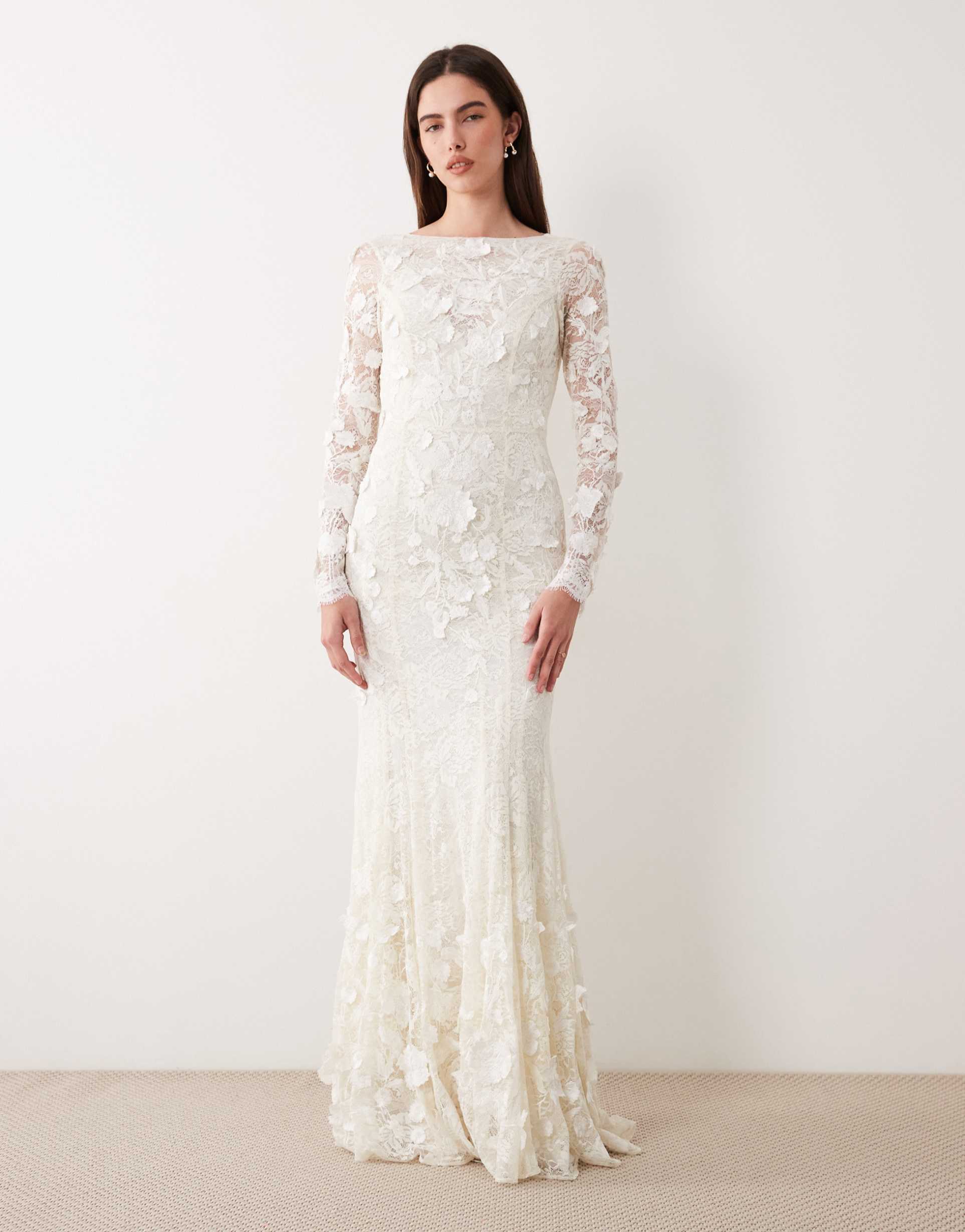 asos design floral applique embroidered lace long sleeve open back maxi wedding dress in ivory