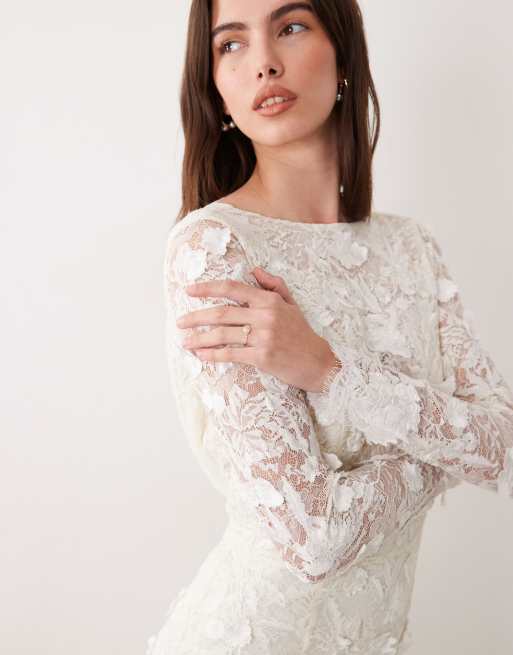 knee length dresses for ladies Form-Fitting Lace Appliqué Bridal Gown with Long Sleeves and High Slit Plus Size Size 0 main image 1