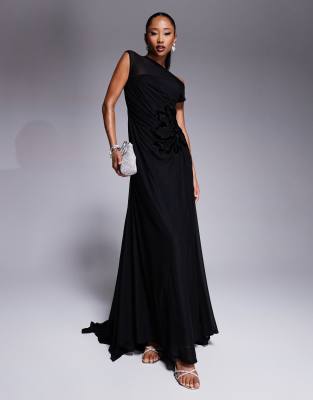 Asos Design Floral Applique Sheer Maxi Dress With Train In Black
