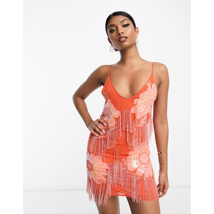 ASOS DESIGN floral applique slip mini dress with embellishment in orange