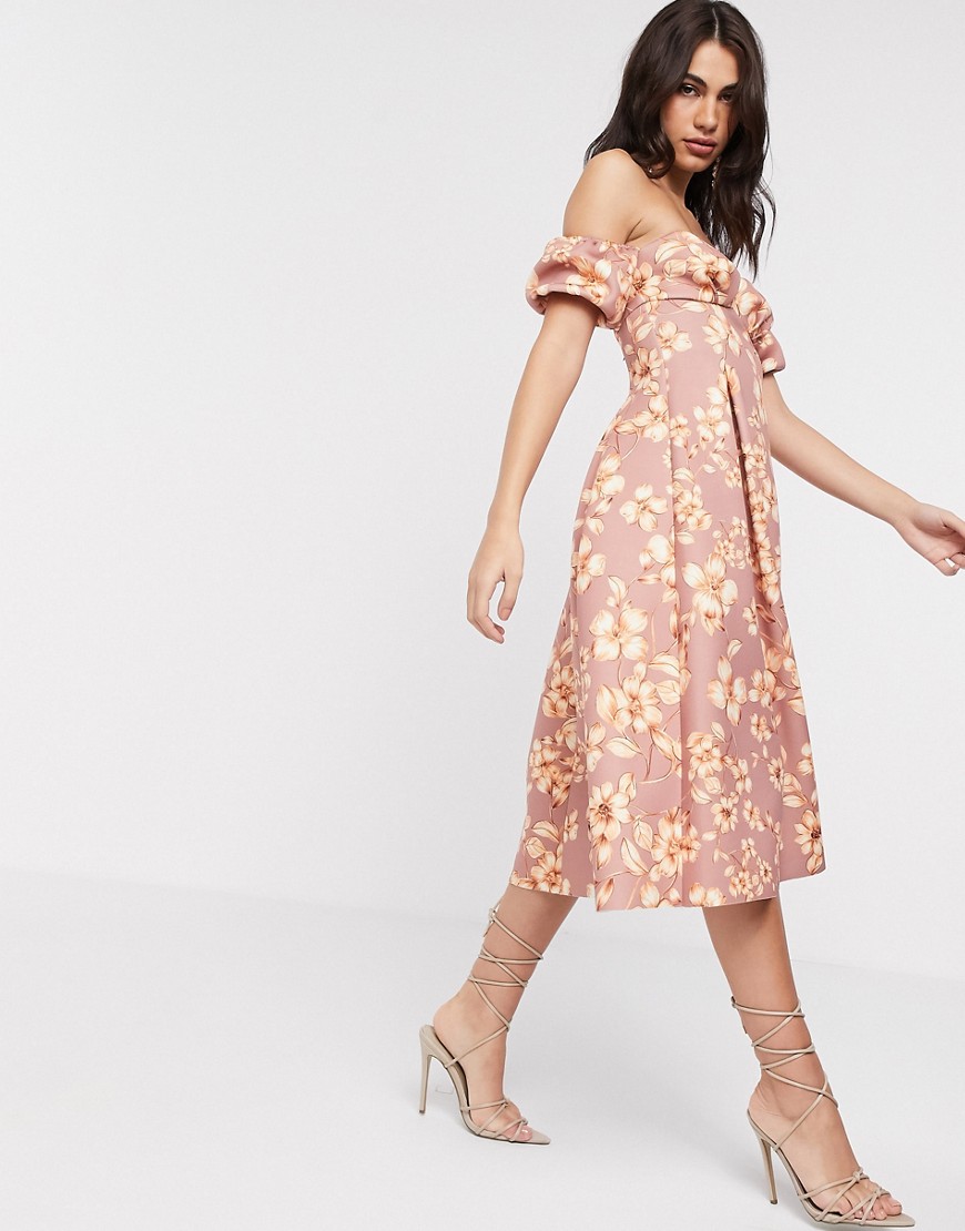 Asos Design Floral Bandeau Bubble Sleeve Prom Midi Dress-multi