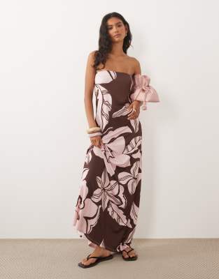 Asos Design Floral Bandeau Maxi Dress In Brown