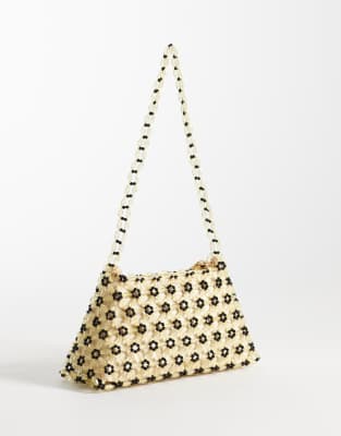 Asos Design Floral Beaded Shoulder Bag In Yellow